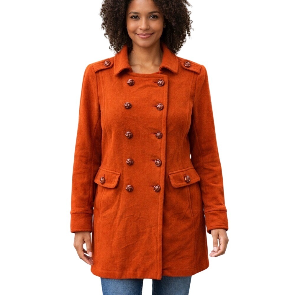 Lands' End Double Breasted Orange Long Wool Peacoat SIZE 10